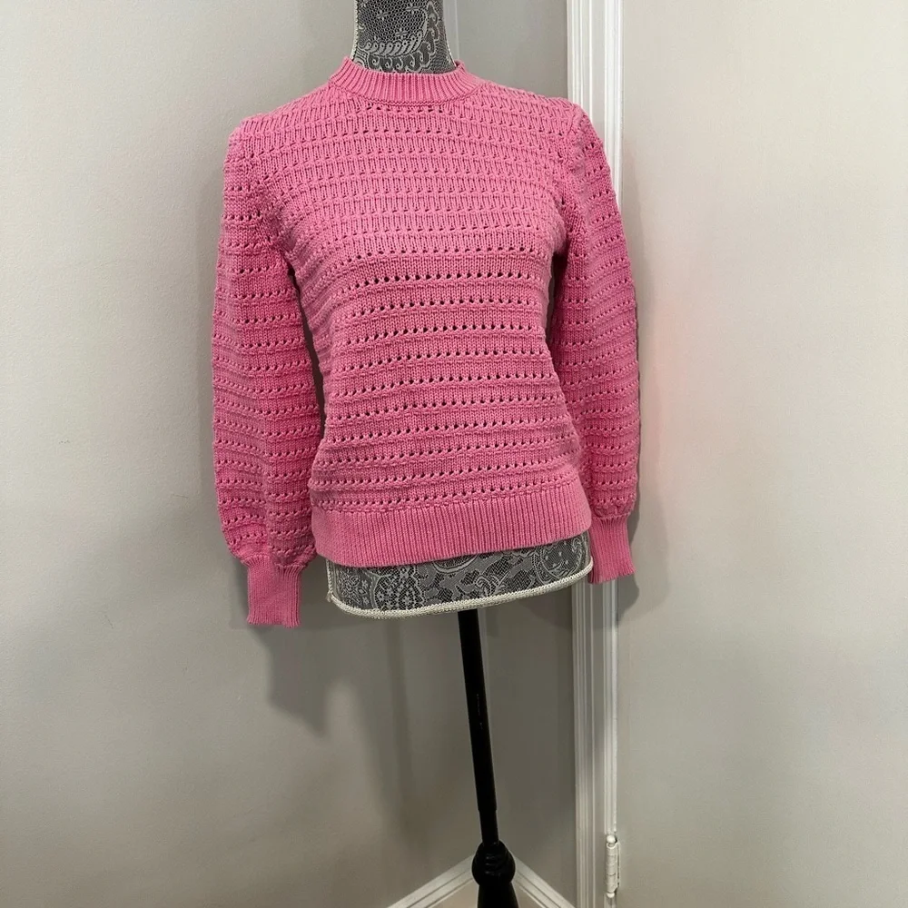 J.Crew Size S Balloon Sleeve Pointelle crochet Sweater Baby Pink Cotton Blend.
